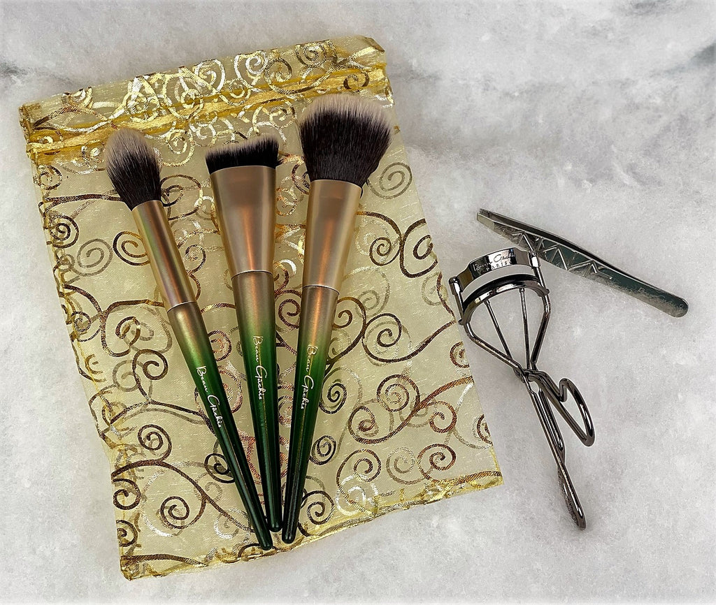 BEAU GÂCHIS COSMETICS SCULPT, HIGHLIGHT, AND BLEND BRUSH TRIO WITH FREE PREMIUM EYELASH CURLER AND PRECISION TWEEZERS